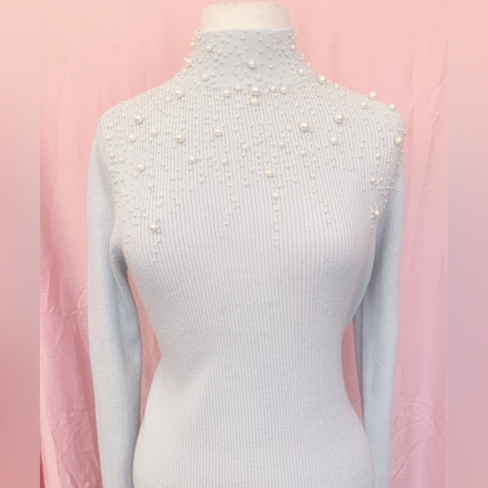 Elegant Pearl-Embellished Light Blue Sweater